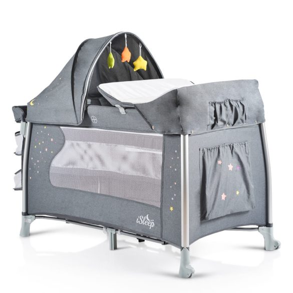 iSleep utazóágy, multifunkciós, pelenkázóval, játékkal, kupolával SZÜRKE