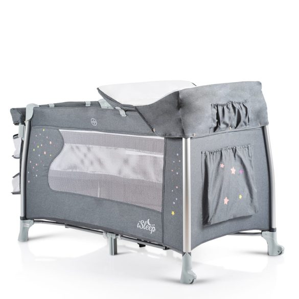 iSleep utazóágy, multifunkciós, pelenkázóval, játékkal, kupolával SZÜRKE
