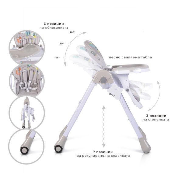 MUFFIN multifunkciós etetőszék, mintás, 2 kerékkel SZÜRKE