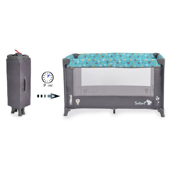 SAFARI utazóágy 1 szintes, zippes kibújóval, állatmintás TÜRKIZ/kék