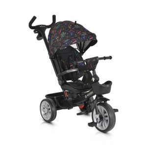 SPACE tricikli szülőkaros, 360 fokban forgatható SKÉK/NARANCS űrhajó minták