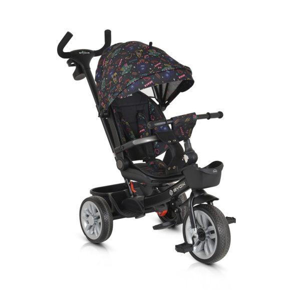 SPACE tricikli szülőkaros, 360 fokban forgatható SKÉK/NARANCS űrhajó minták