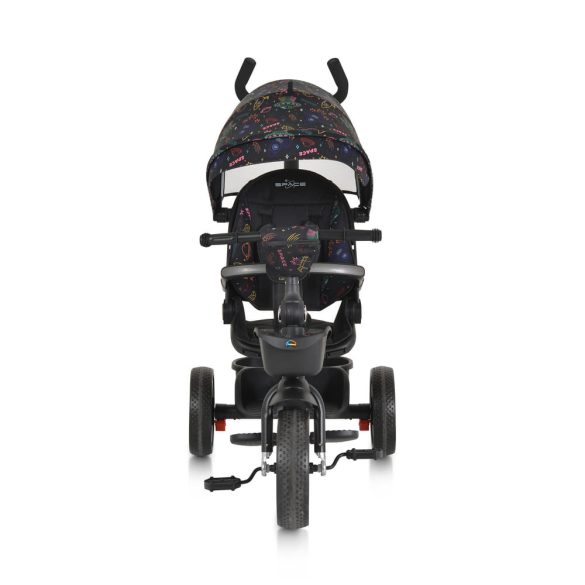 SPACE tricikli szülőkaros, 360 fokban forgatható SKÉK/NARANCS űrhajó minták