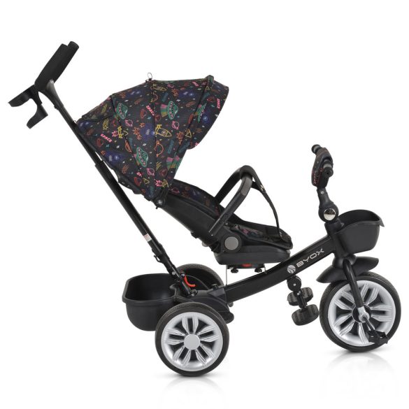 SPACE tricikli szülőkaros, 360 fokban forgatható SKÉK/NARANCS űrhajó minták