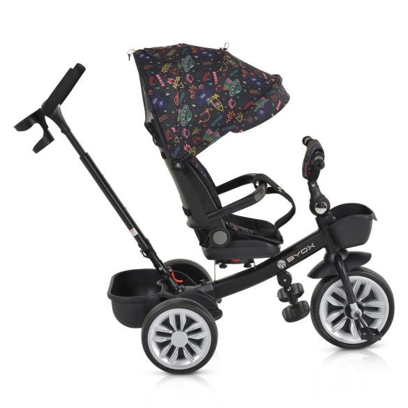 SPACE tricikli szülőkaros, 360 fokban forgatható SKÉK/NARANCS űrhajó minták