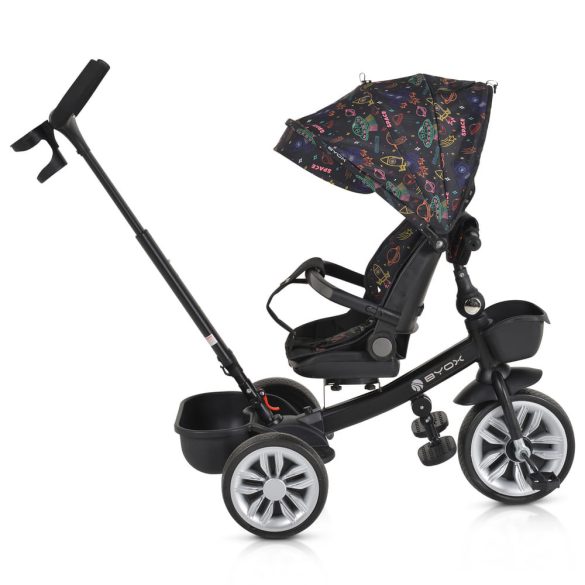 SPACE tricikli szülőkaros, 360 fokban forgatható SKÉK/NARANCS űrhajó minták