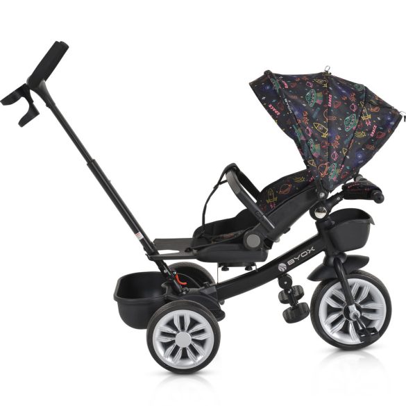 SPACE tricikli szülőkaros, 360 fokban forgatható SKÉK/NARANCS űrhajó minták