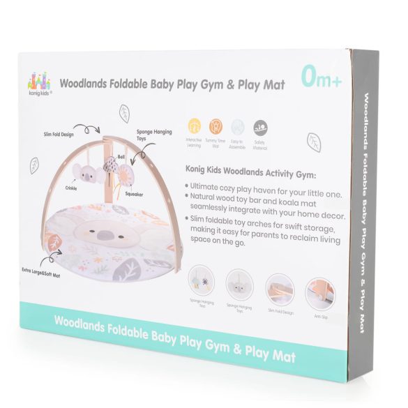 JÁTSZÓSZŐNYEG plüss, fa játékhíddal, összecsukható KEREK BÉZS KOALA