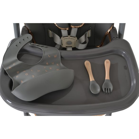 LINDO multifunkciós etetőszék kiegészítőkkel (előke, kanál, villa) SZÜRKE