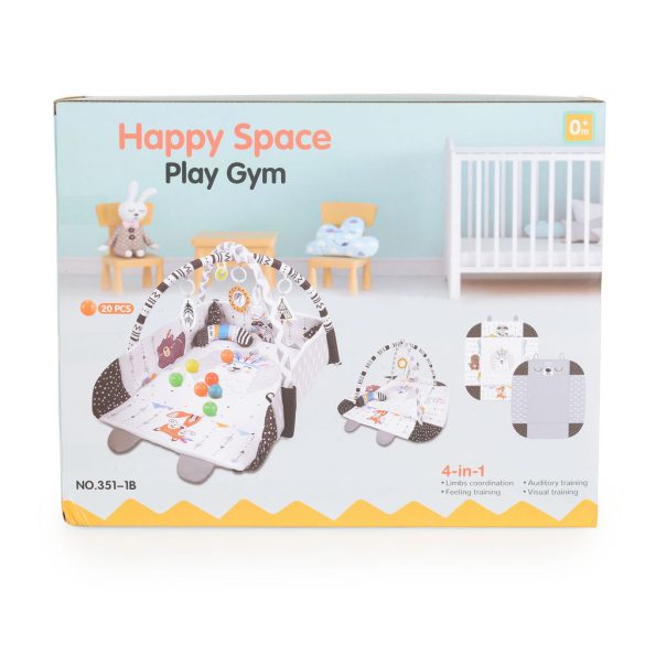 HAPPY SPACE Rabit játszószőnyeg NYUSZIS állatos, szögletes, 20 db labdával textil, műa.FEKETE