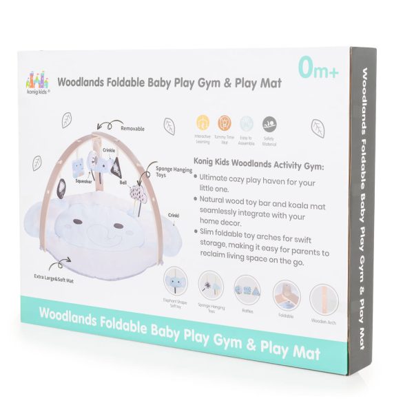 JÁTSZÓSZŐNYEG plüss, fa játékhíddal, összecsukható KEREK VKÉK ELEFÁNT