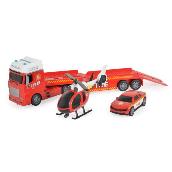 Tűzoltó vontató autó helikopterrel, autóval 54cm PIROS