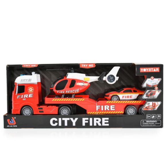 Tűzoltó vontató autó helikopterrel, autóval 54cm PIROS