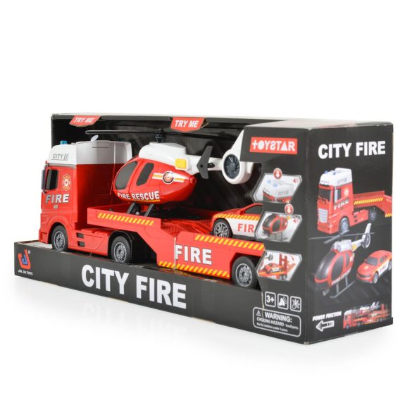 Tűzoltó vontató autó helikopterrel, autóval 54cm PIROS