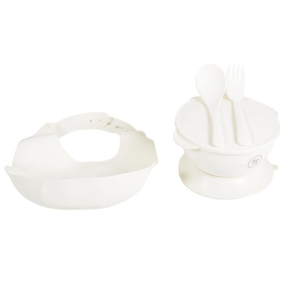 SURPRISE etetőszék szilikon tányérral, evőeszközzel, előkével FEHÉR
