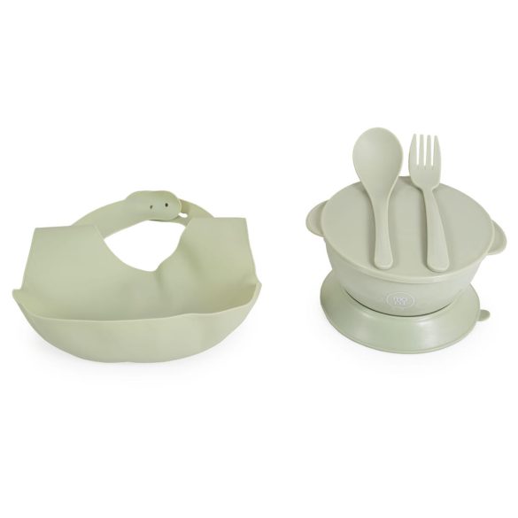 SURPRISE etetőszék szilikon tányérral, evőeszközzel, előkével ZÖLD