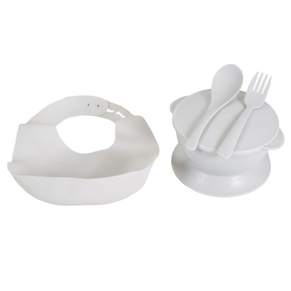 SURPRISE etetőszék szilikon tányérral, evőeszközzel, előkével SZÜRKE