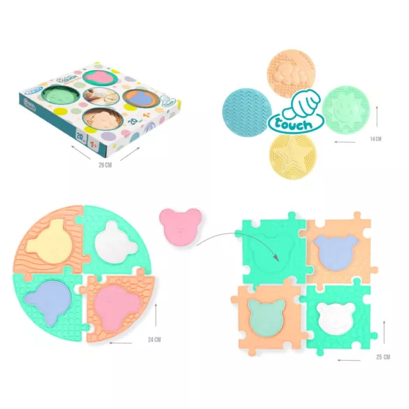 MOCHTOYS Play&Squish szenzorikus szőnyeg -kerek tapilapok 4db + PUZZLE 8+8 db PASZTELL