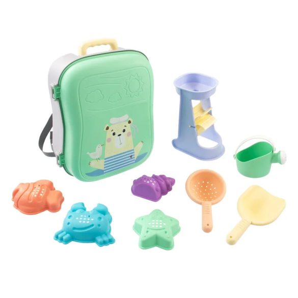 MOCHTOYS homokozó készlet 8+1 rész, bőrönd/hátizsák ZÖLD/ PASZTELL 