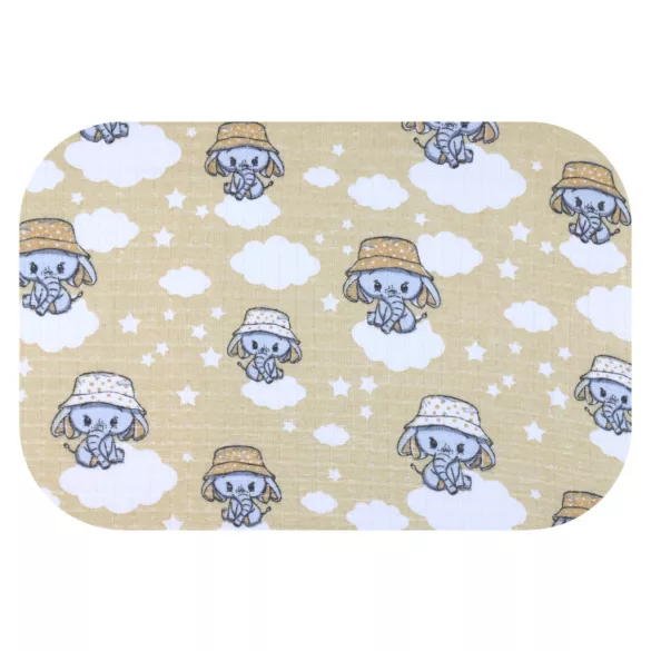 Színes mintás textil pelenka 70x80 cm- Bézs elefánt kalapban 