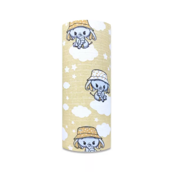 Színes mintás textil pelenka 70x80 cm- Bézs elefánt kalapban 