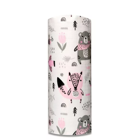 Színes mintás textil pelenka 70x80 cm-erdei állatok rózsaszín