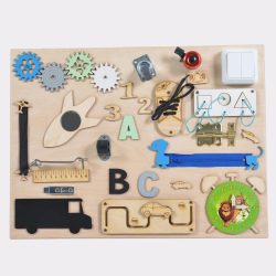   Moni Montessori Fából készült közepes matatófal (50x37.5 cm) - Órás - Fiús