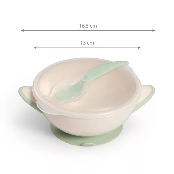 BabyOno tányér - tapadó aljú, fedeles, kanállal krém/zöld 1063/07