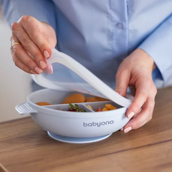 BabyOno babatányér - tapadó aljú, fedeles, 3 rekeszes kék 1661/01