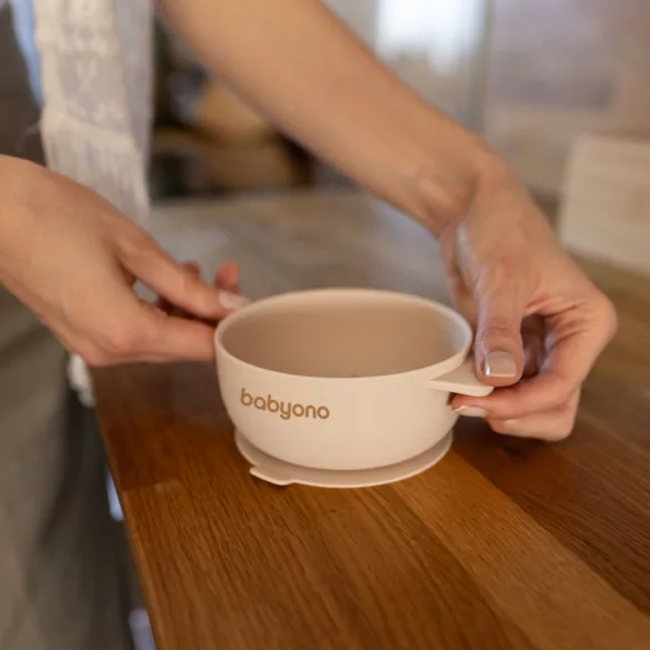 BabyOno babatányér - tapadó aljú, fedeles, mély bézs 1662/03