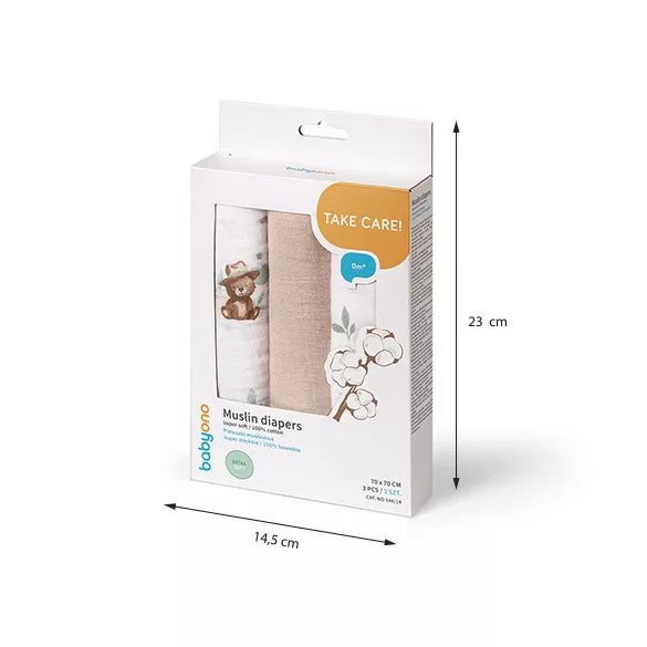 BabyOno textilpelenka színes 3db bézs macimintás 348/14