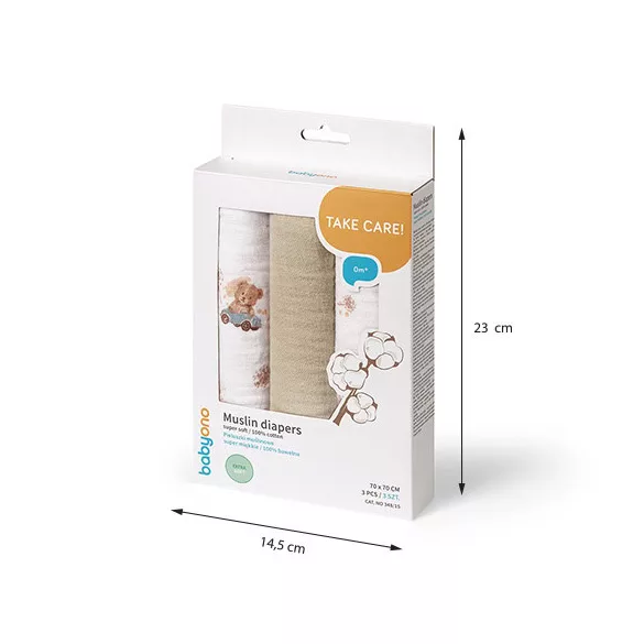BabyOno textilpelenka színes 3db taupe macimintás 348/15