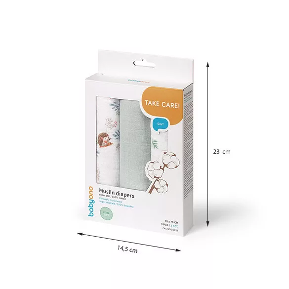 BabyOno textilpelenka színes 3db acélszürke sünimintás 348/16