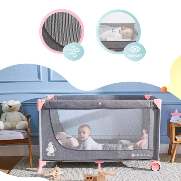 Kinderkraft utazóágy Joy szürke-pink