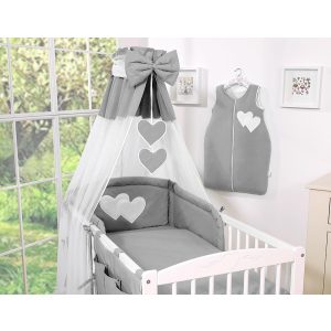 BabyLion Prémium baldachin függöny - Sötétszürke - Fehér szívecskékkel 