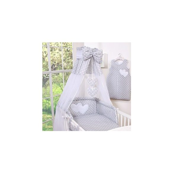 BabyLion Prémium baldachin függöny - Szürke - Fehér pöttyök - szívecskével