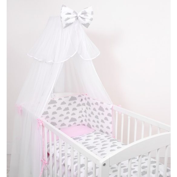 BabyLion Prémium 5 részes ágyneműhuzat szett -Rózsaszín - Szürke felhők