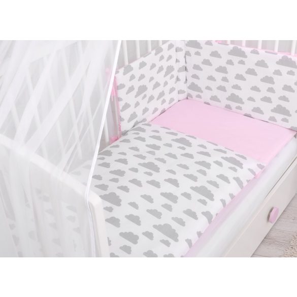 BabyLion Prémium 5 részes ágyneműhuzat szett -Rózsaszín - Szürke felhők