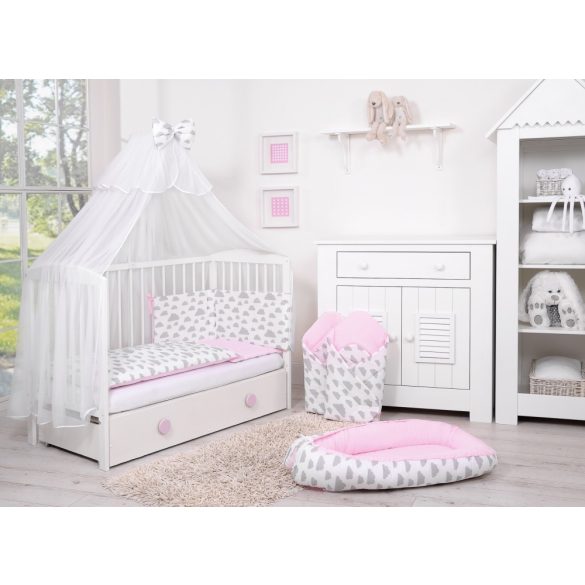 BabyLion Prémium 5 részes ágyneműhuzat szett -Rózsaszín - Szürke felhők