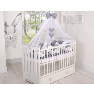 BabyLion Prémium baldachin függöny - Fehér - Sötétszürke masni