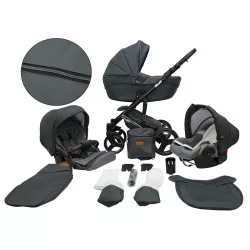   Mikrus multifunkciós babakocsi Comodo Silver (merev mózes, hordozó 0-10kg, pelenkázótáska) mûbõr 02 grafitszürke