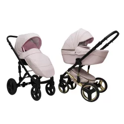   Mikrus multifunkciós babakocsi Comodo Gold (merev mózes, hordozó 0-10kg, pelenkázótáska) mûbõr 39 rózsaszín