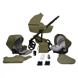   Mikrus multifunkciós babakocsi Comodo (merev mózes, hordozó 0-10kg, pelenkázótáska) mûbõr 14 olíva
