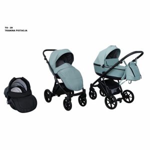 Mikrus multifunkciós babakocsi Tokyo (merev mózes, hordozó 0-10kg, pelenkázótáska) szövet pisztácia TO-29