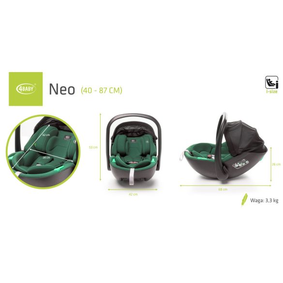 4BABY Neo I-size 40-87 cm babahordozó - Dark Green