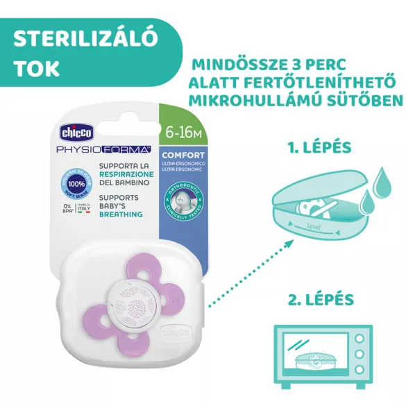 Physio Forma® Comfort szilikon cumi 1 db, 6-16 hó sterilizálható tok